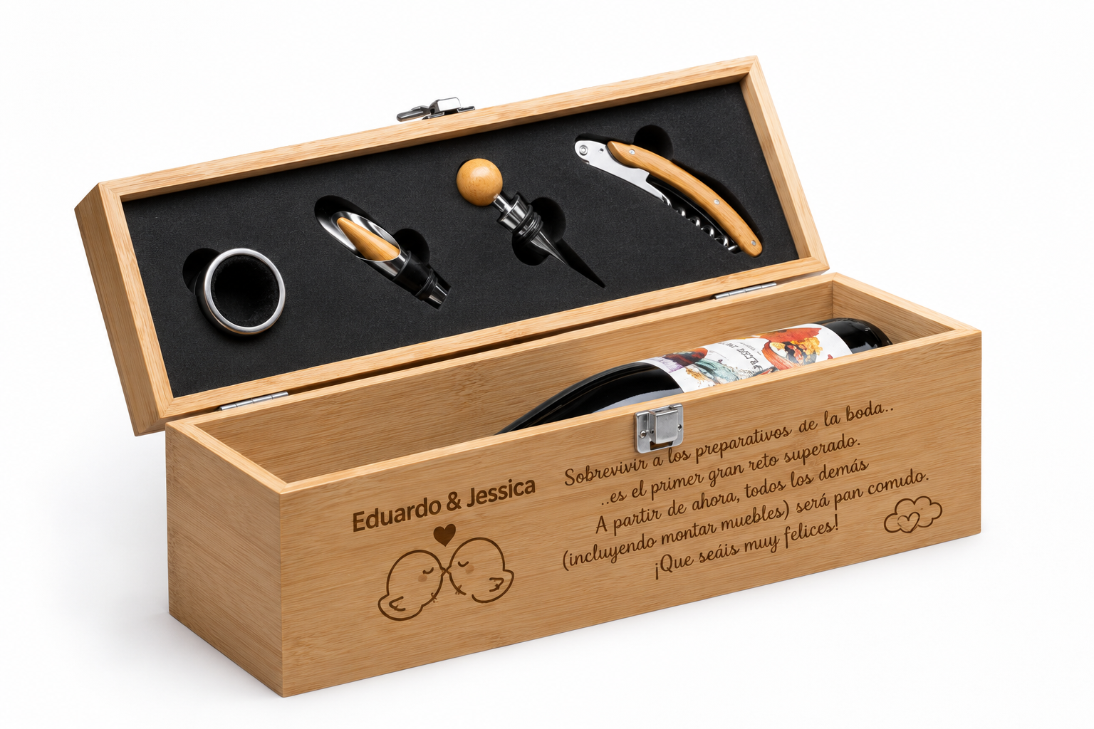 Set de Vino en Caja de Bambú Personalizada para Boda - Imagen 4