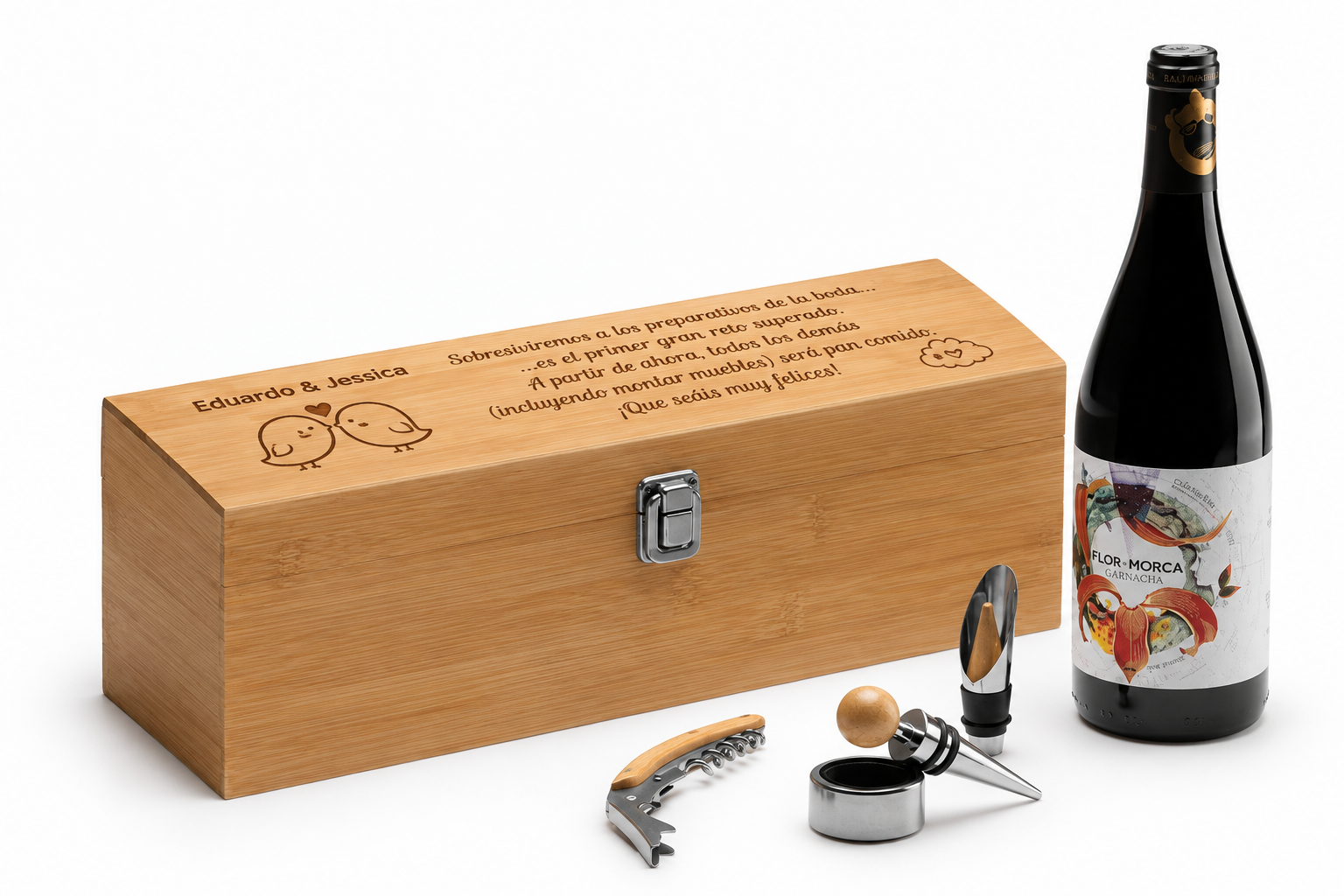 Set de Vino en Caja de Bambú Personalizada para Boda