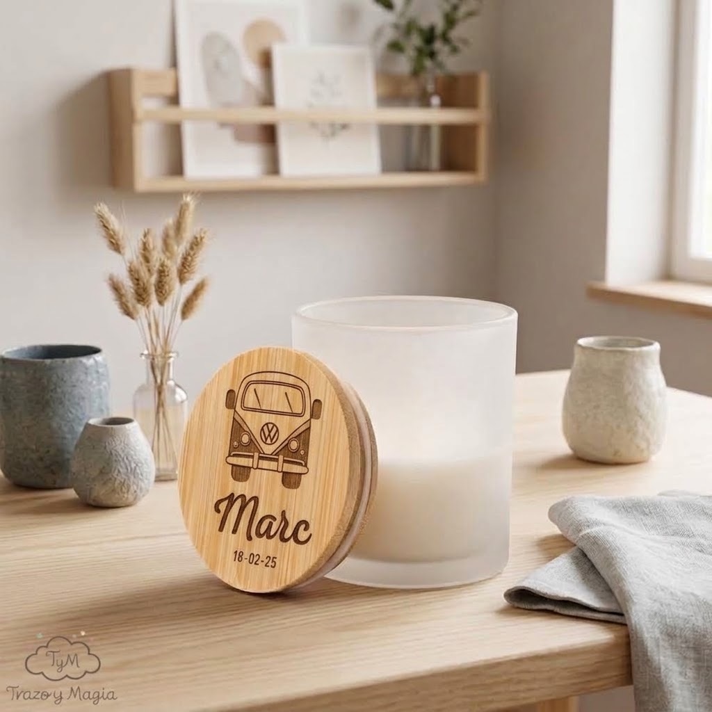 Vela Aromática en Vaso de Cristal Mate con Tapa de Bambú Grabada a Láser - Imagen 5