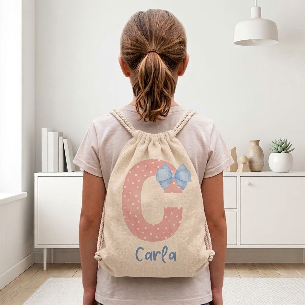 Mochila de Cuerdas Infantil Inicial Rosa con Lazo Sublimada Personalizada - Imagen 5