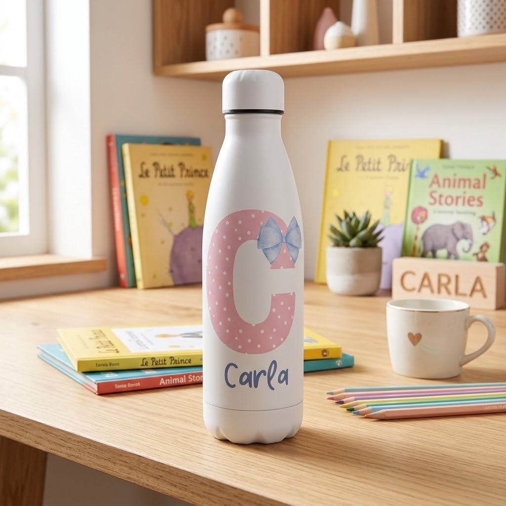 Botella de Acero Inoxidable Personalizada con Inicial, Lazo y Nombre - Imagen 3