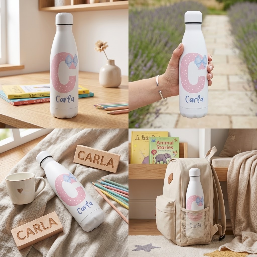 Botella de Acero Inoxidable Personalizada con Inicial, Lazo y Nombre - Imagen 4