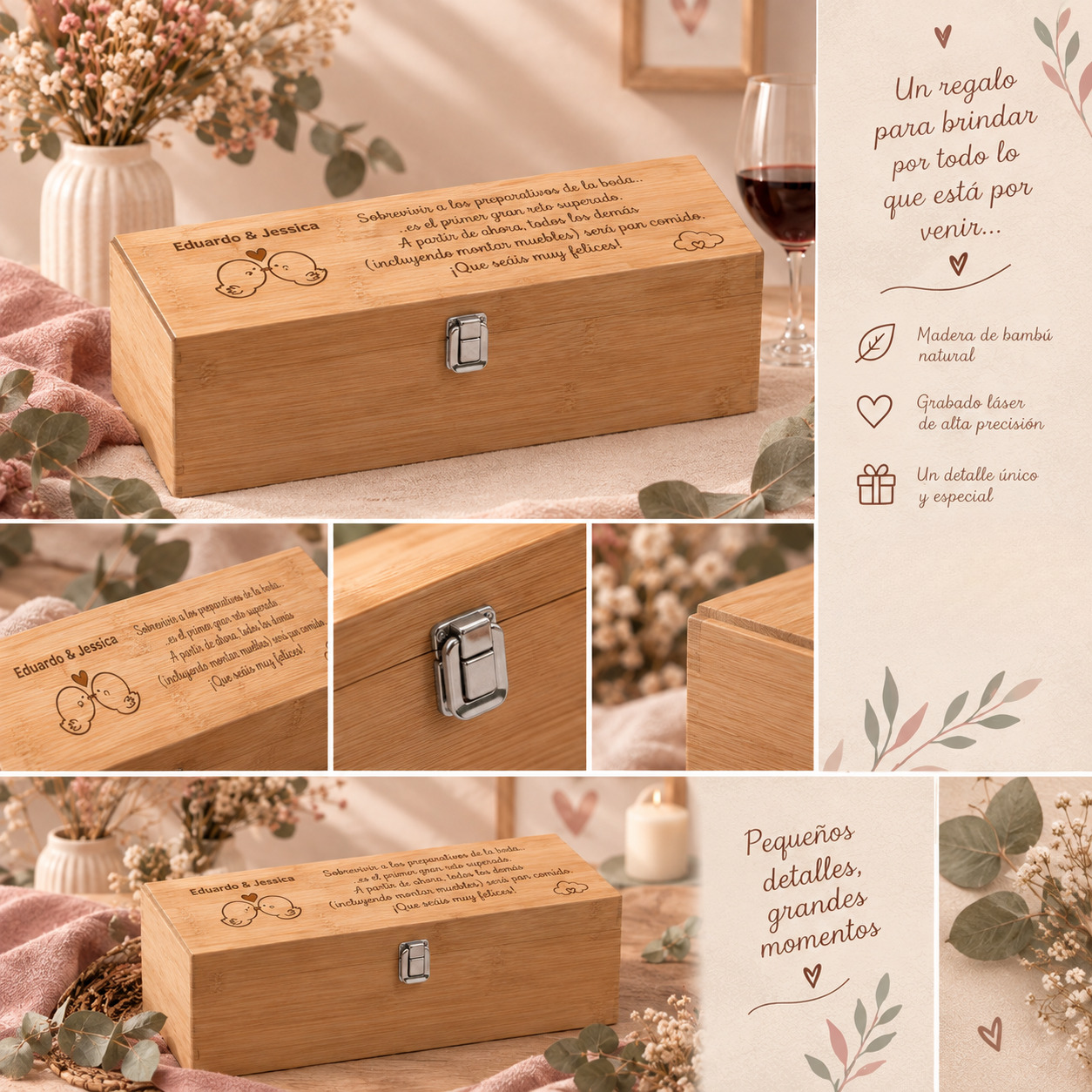 Set de Vino en Caja de Bambú Personalizada para Boda - Imagen 3