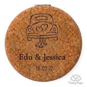 Espejo de Bolsillo Doble de Corcho Personalizado a Láser para Bodas