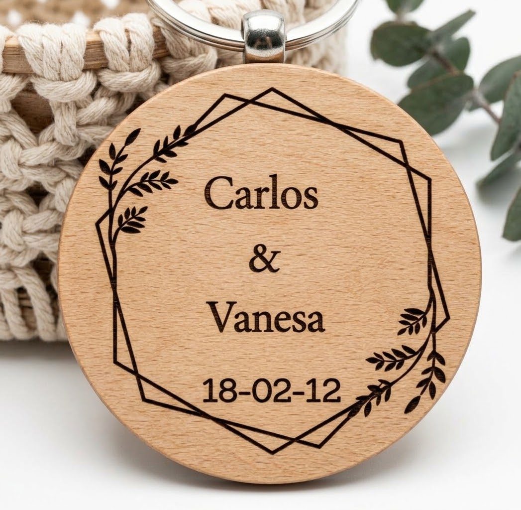 Llavero de Madera Natural Personalizado a una sola cara en Láser Boda - Imagen 3