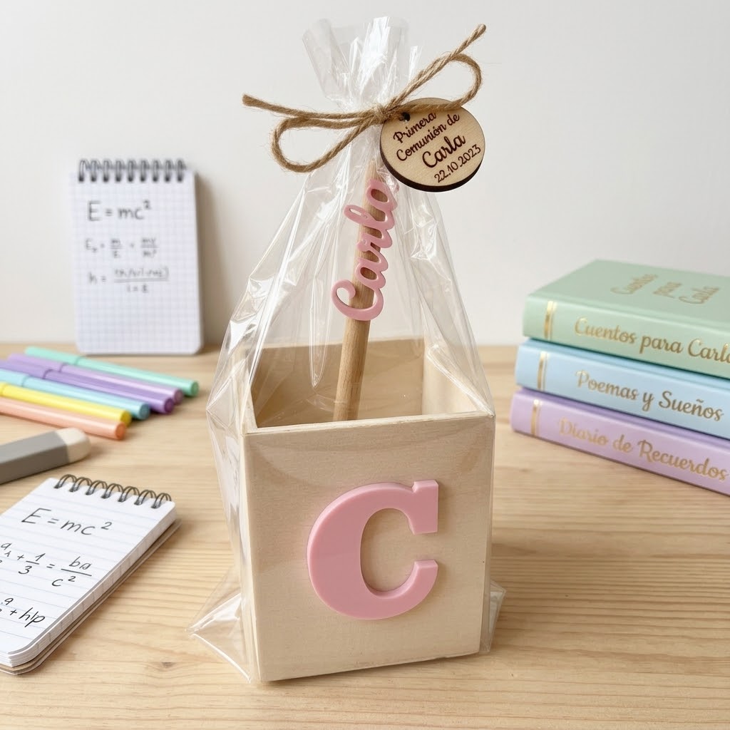 Portalápices de Madera Personalizado con Inicial de Metacrilato en Relieve