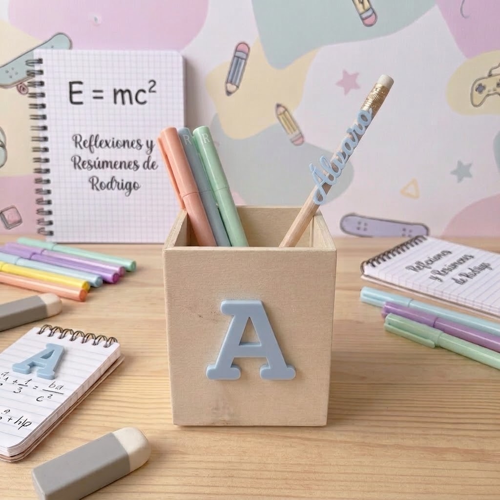 Portalápices de Madera Personalizado con Inicial de Metacrilato en Relieve - Imagen 3