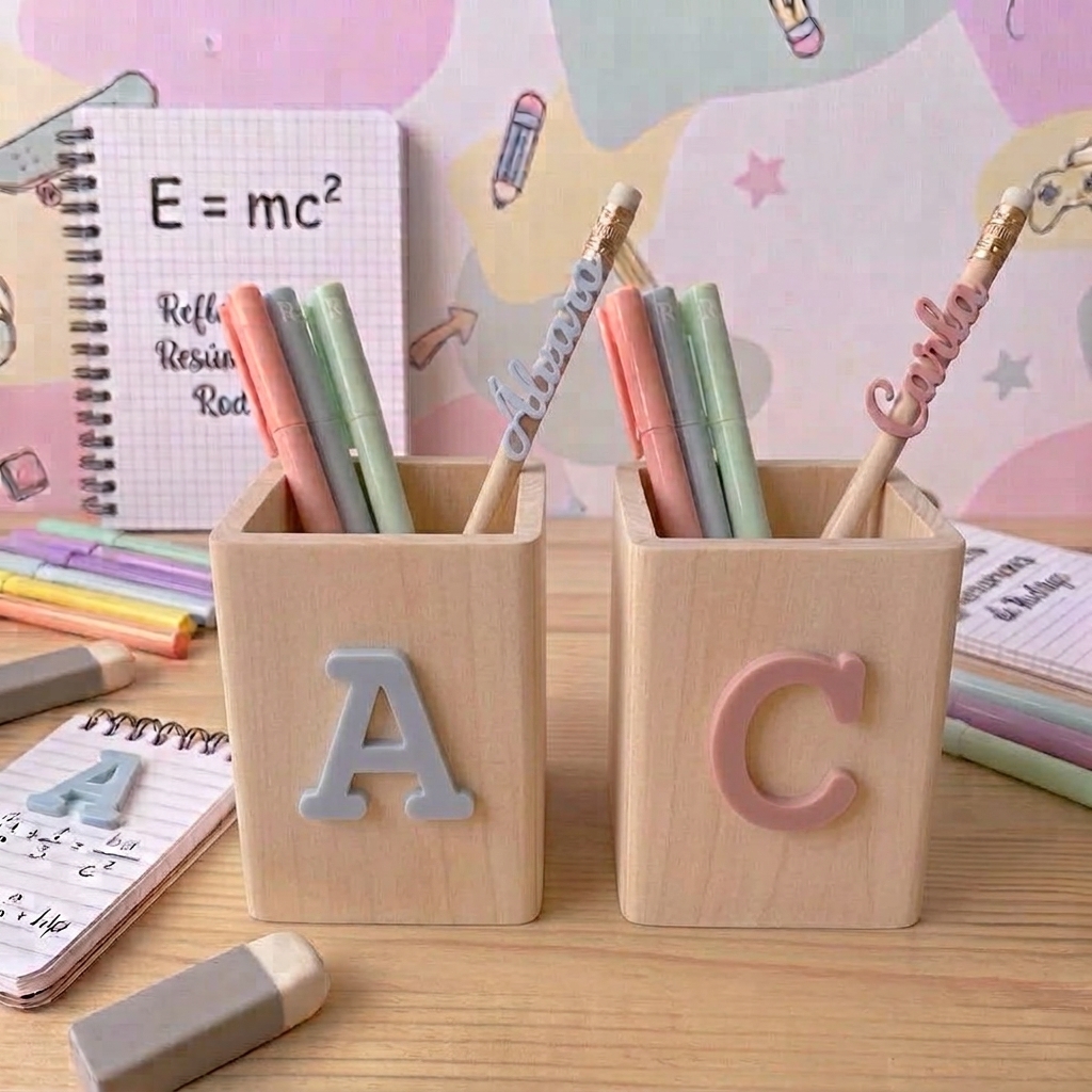Portalápices de Madera Personalizado con Inicial de Metacrilato en Relieve - Imagen 2