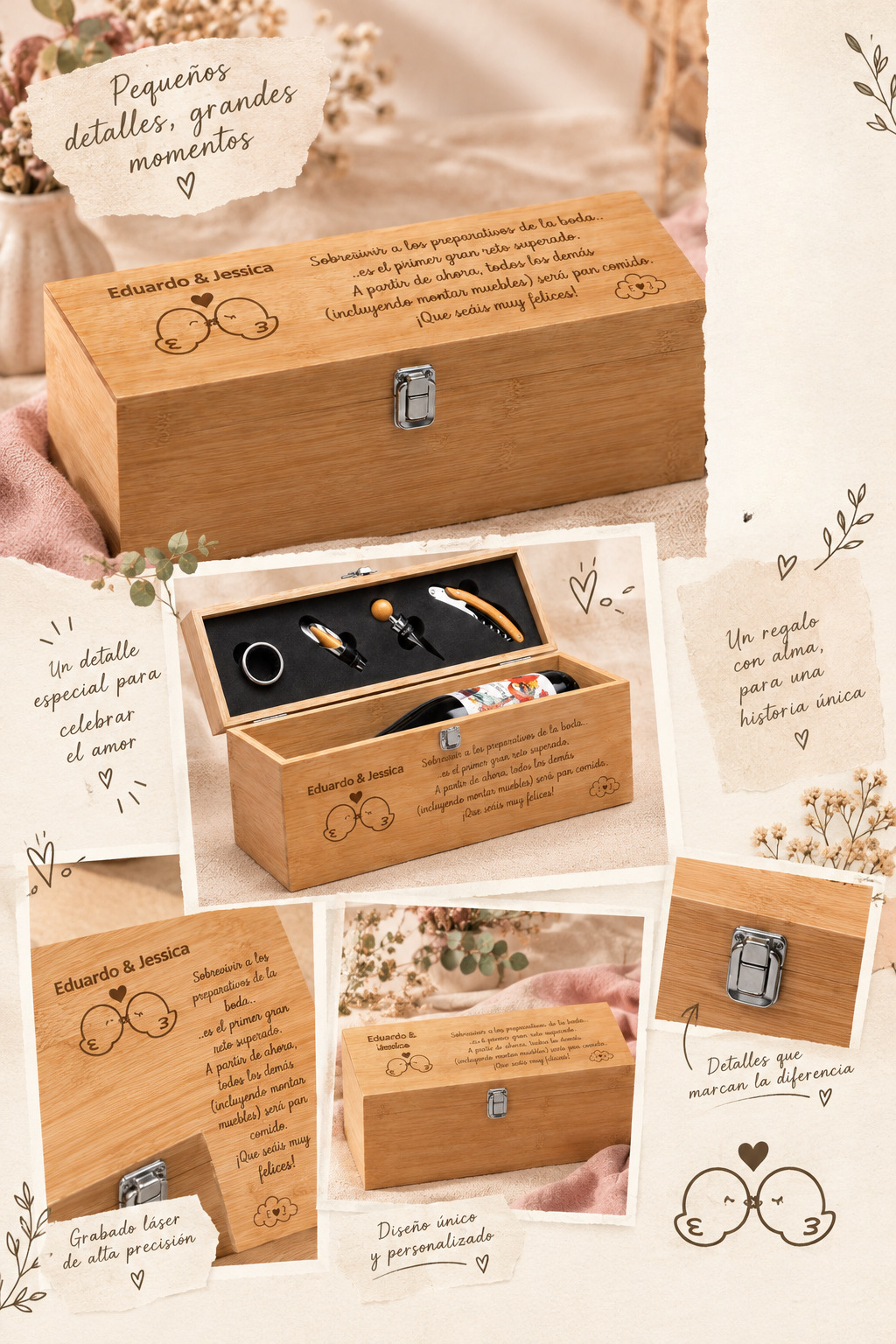Set de Vino en Caja de Bambú Personalizada para Boda - Imagen 2
