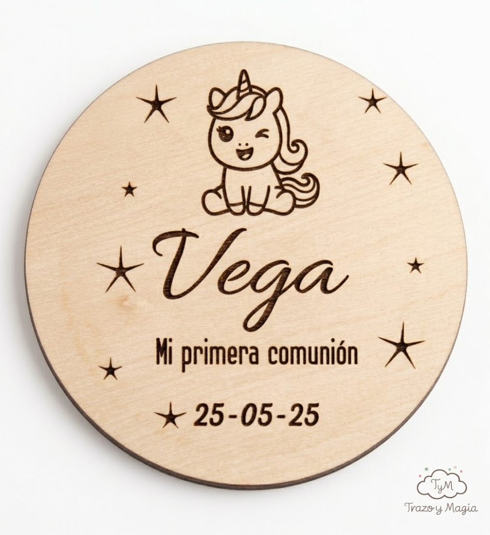 Imán Redondo de Madera Personalizado "Mi Primera Comunión" - Imagen 2