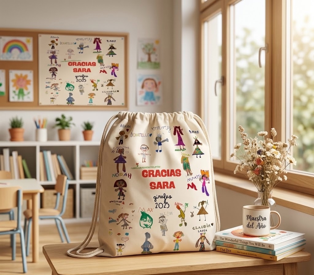 Mochila de Cuerdas Personalizada con Dibujos Infantiles "Gracias Profe" - Imagen 3