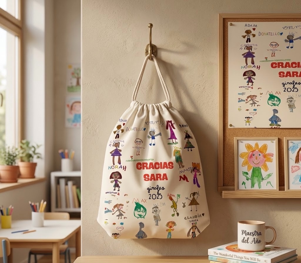 Mochila de Cuerdas Personalizada con Dibujos Infantiles "Gracias Profe" - Imagen 4