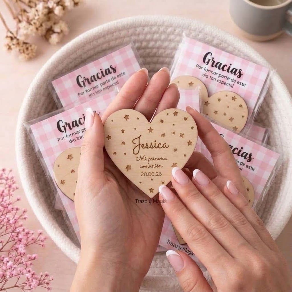 Imán de Madera con Forma de Corazón "Mi Primera Comunión" - Imagen 2